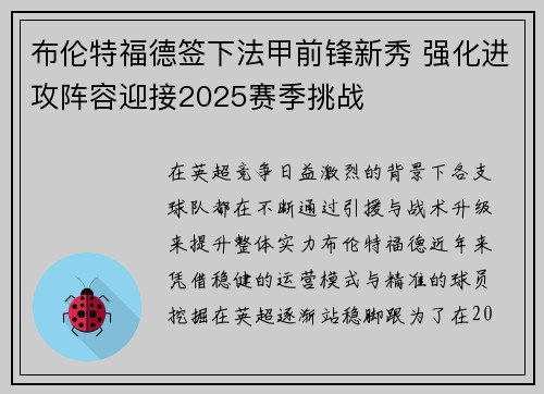 布伦特福德签下法甲前锋新秀 强化进攻阵容迎接2025赛季挑战